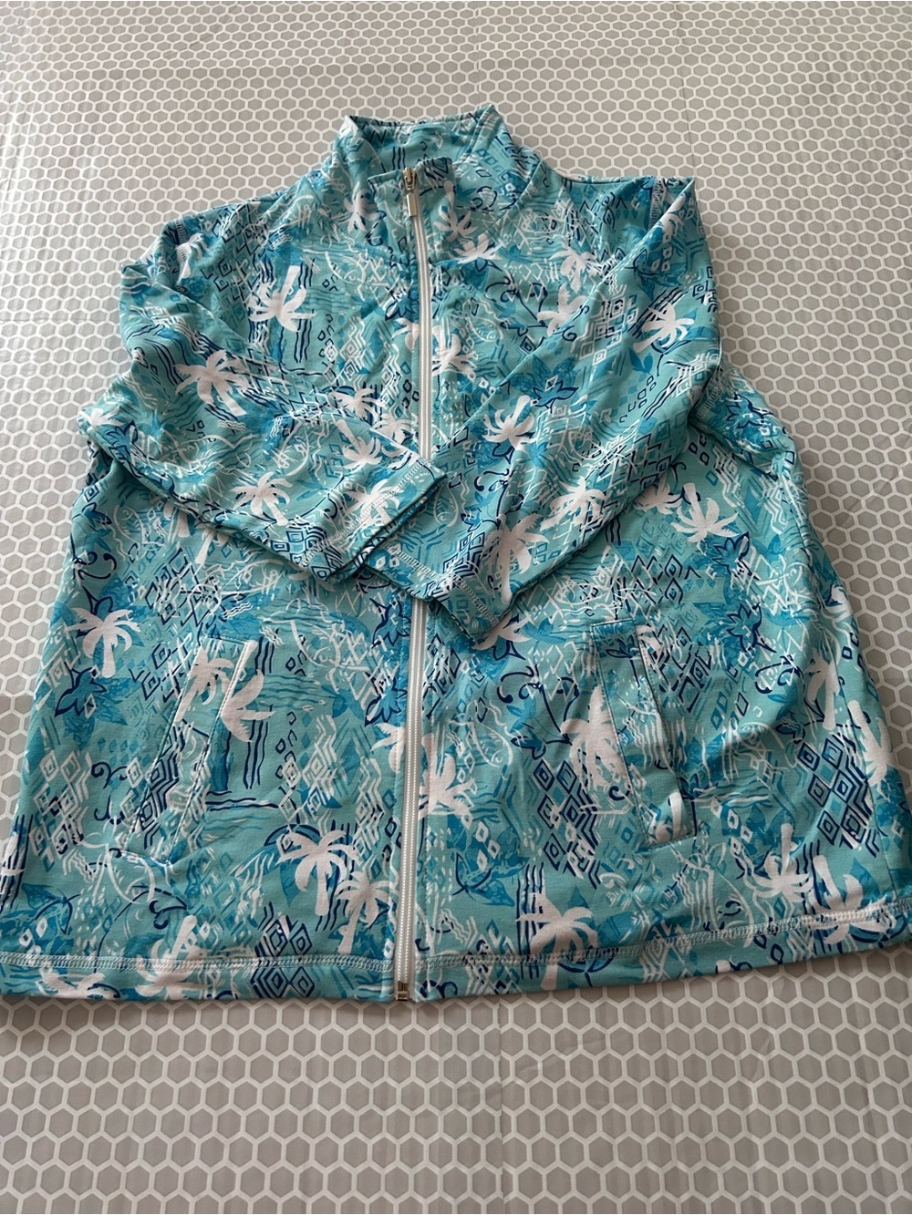 Palm Harbour Aqua & White Tropical Zip-Up Jacket. Size M